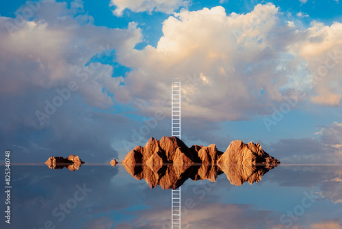Ladder to cloud over tranquil waters