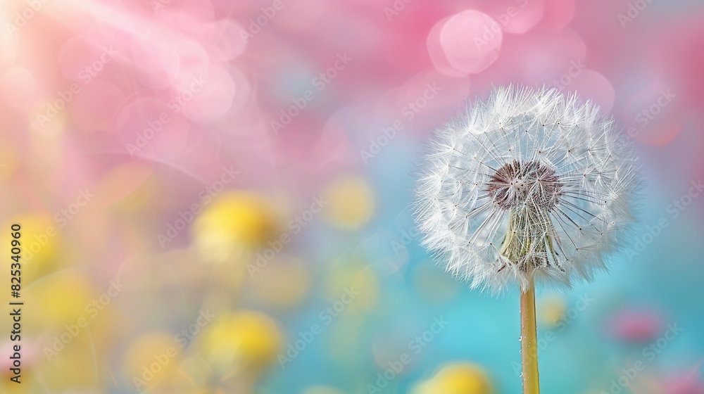   A close-up of a dandelion against a gradient background of blue, pink, yellow, and pink