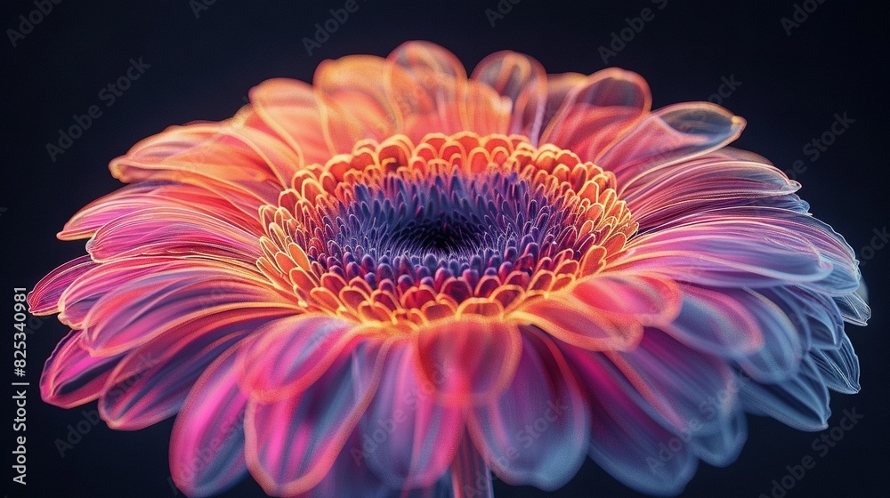 A pink flower with a blue and yellow center in the foreground A pink flower with a blue and yellow center in the foreground