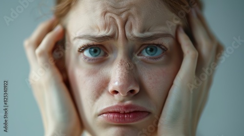 Closeup of a person shaking their head with a baffled expression, detailed face, neutral background, high resolution, lack of knowledge, stock photography photo