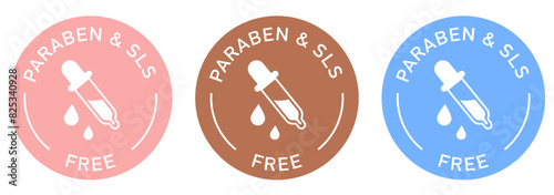 Paraben and sls label vector design for packaging. No Paraben and sls icon. Illustration, logo, symbol, sign, stamp, tag, emblem, mark or seal for package. Chemical allergens free product sticker.