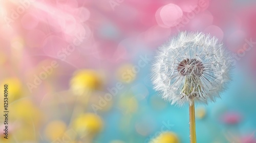   A close-up of a dandelion against a gradient background of blue  pink  yellow  and pink