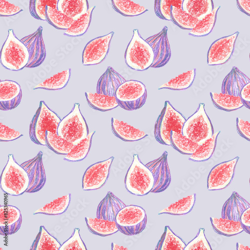 Hand drawn seamless pattern with purple violet ripe appetizing sweet fig fruits as summer food background.Bright tropical fruit isolated on blue,design, wallpaper,textile, wrapping paper