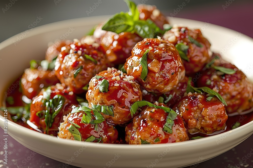 A plate of meatballs with a green herb garnish A plate of meatballs with a green herb garnish