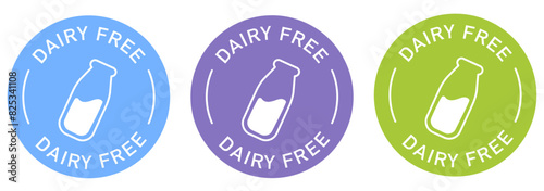 Lactose free label vector design for packaging. No dairy icon. Food allergens free product color sticker. Illustration, logo, symbol, sign, stamp, tag, emblem, mark or seal for package.