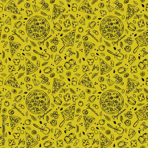 Seamless pattern of hand drawn line art black vegetarian pizza ingredients: bell pepper, tomatoes, cheese, onion, olive, basil.Pizza wheel and slices of fast food on yellow background