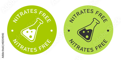 WebNitrates free label vector design for packaging. No nitrates icon. Illustration, logo, symbol, sign, stamp, tag, emblem, mark or seal for package. Chemical allergens free product sticker.