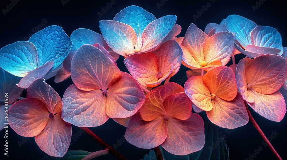   A picture of several pink and blue flowers against a black backdrop with a blue light illuminating the center of their petals