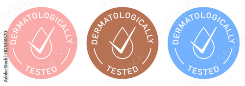 Dermatology tested label vector design for packaging. Water drop icon. Illustration, logo, symbol, sign, stamp, tag, emblem, mark or seal for package. Cosmetic product color sticker.