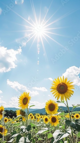 Summer Delight  Bright Yellow Sunflowers Under Clear Blue Sky in Sunny Rural Field