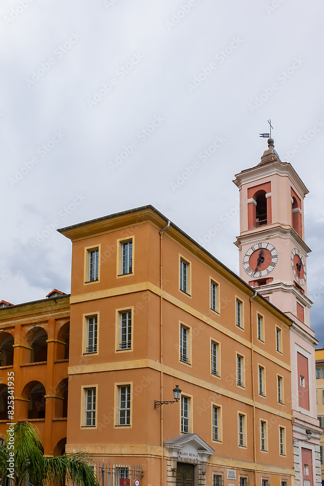 Rusca barracks (Caserne Rusca or Palais Rusca) was built in 1775 to house garrison of the city, today it is Court of Instance in Nice. Next is Clock Tower (Tour de l'Horloge, 1718). Nice, France. Rusca barracks (Caserne Rusca or Palais Rusca) was built in 1775 to house garrison of the city, today it is Court of Instance in Nice. Next is Clock Tower (Tour de l'Horloge, 1718). Nice, France.