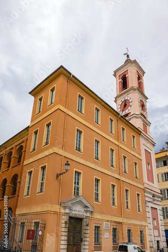 Rusca barracks (Caserne Rusca or Palais Rusca) was built in 1775 to house garrison of the city, today it is Court of Instance in Nice. Next is Clock Tower (Tour de l'Horloge, 1718). Nice, France.