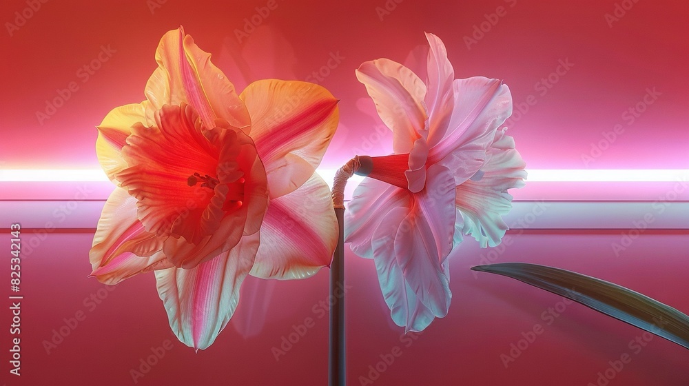 Two close-up flowers on a red-pink backdrop with a neon strip in the background Two close-up flowers on a red-pink backdrop with a neon strip in the background