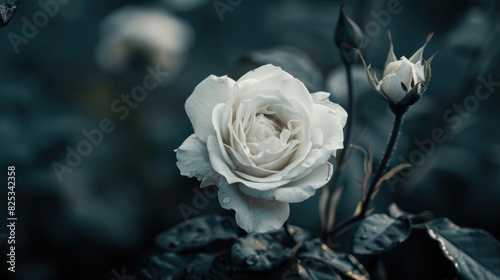 Close up of white rose flower on blurred dark background