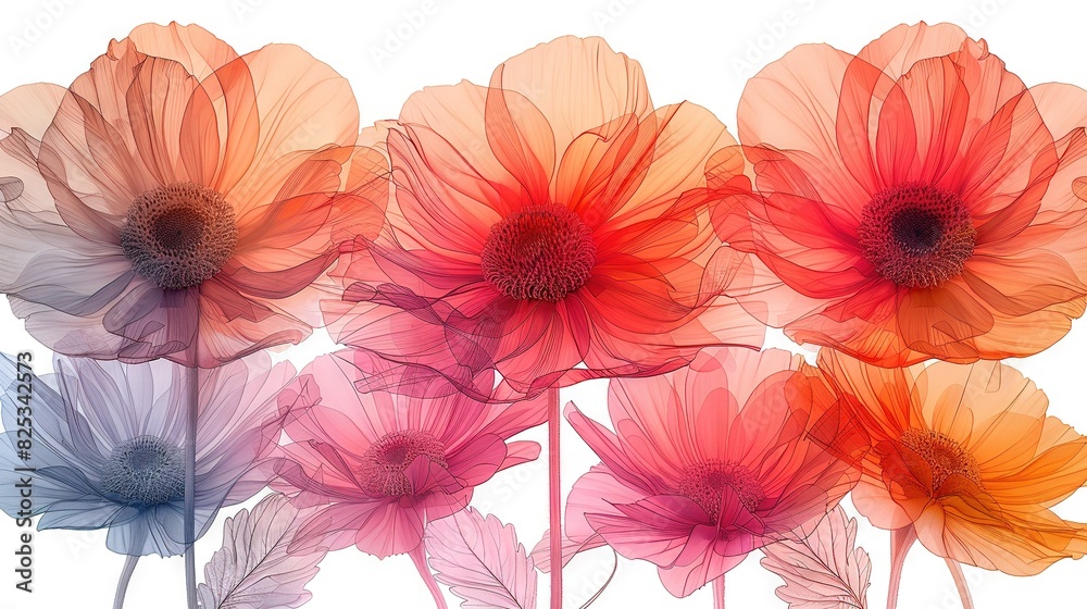A close-up of an array of vibrant flowers set against a pure white backdrop, featuring the hues red, orange, and blue A close-up of an array of vibrant flowers set against a pure white backdrop, featuring the hues red, orange, and blue