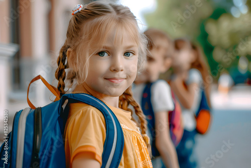 Portrait of a group of children ready for the first day of kindergarten, wearing backpacks and filled with excitement for the new school year. photo