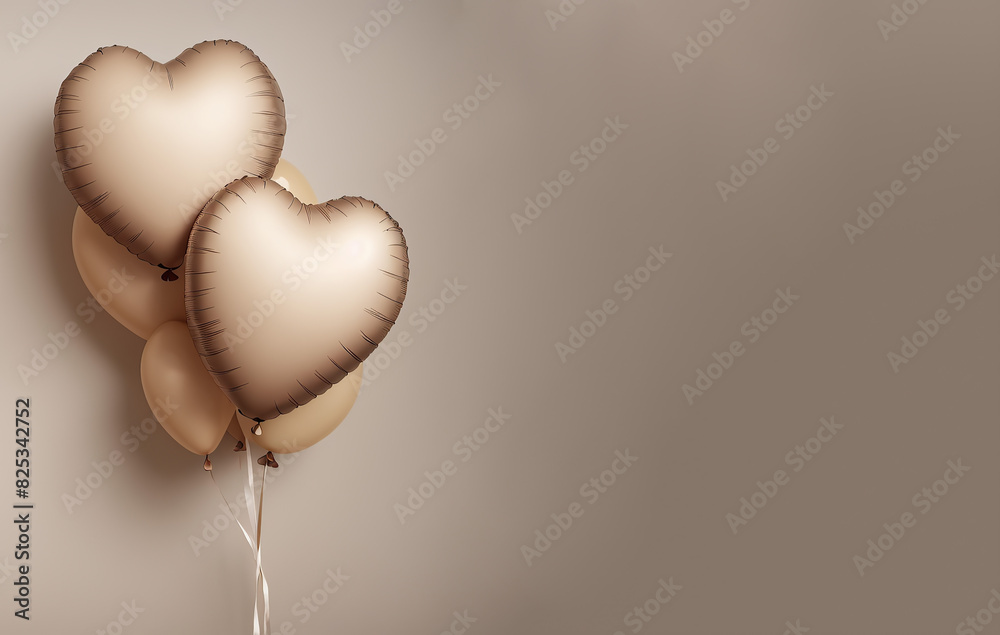 Heart shaped air balloons on beige background. Valentine's day celebration. Generative AI Heart shaped air balloons on beige background. Valentine's day celebration. Generative AI