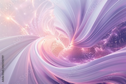 Ethereal quantum computing core emits vibrant energy, swirling data streams in pastel Lavender, Soft Pink, Ivory, Ash Gray, and Pure White hues. photo