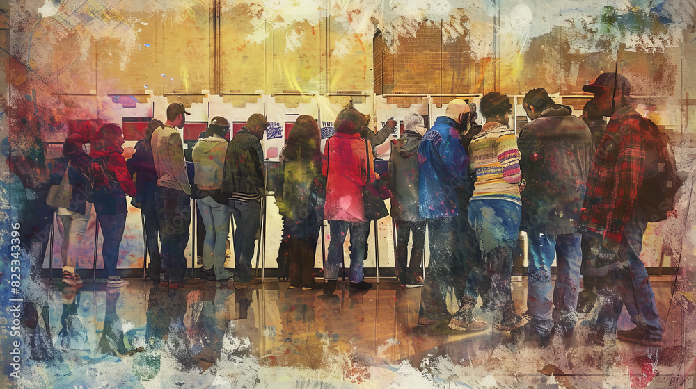 Fototapeta premium A group of people are standing in line at a voting booth