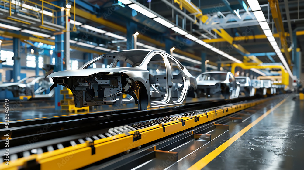 A factory with many  cars on a conveyor belt