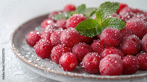  A high-resolution close-up picture of juicy red raspberries glistening with water droplets and adorned with a lush green leaf