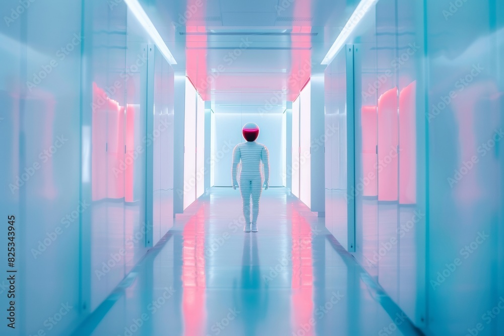 Abstract Vision of a Robot Wanderer in a Symmetrical, Vibrant Data Center Using Long Exposure and a Wide-Angle Lens