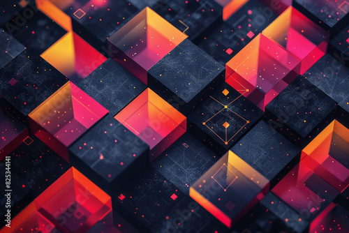 Minimalist isometric pattern of diamond shapes with integrated molecular icons, photo