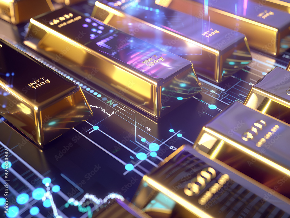 Gold bars reflecting light, positioned on a digital financial graph, representing high value and investment Gold bars reflecting light, positioned on a digital financial graph, representing high value and investment
