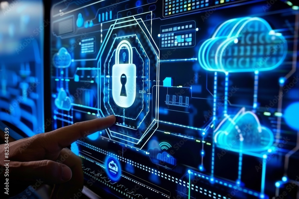 Comprehensive cloud security with interconnected devices and data protection, depicted with a blue network of secure cloud connections
