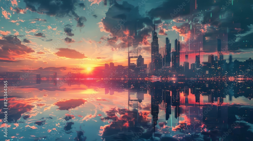 surreal futuristic cityscape reflecting on vast mirror lake at sunset dreamlike digital artwork