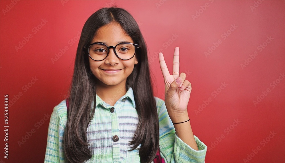 An indian 10 years sweet student girl showing a victory sign with his hand An indian 10 years sweet student girl showing a victory sign with his hand