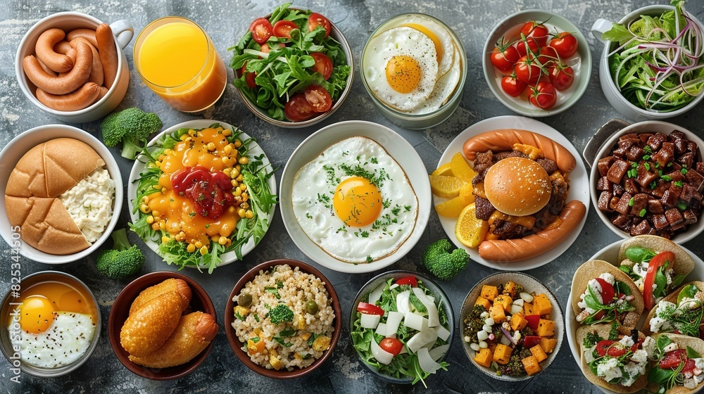 A table overflowing with various bowls brimming with distinct cuisines and an accompanying glass of orange juice A table overflowing with various bowls brimming with distinct cuisines and an accompanying glass of orange juice