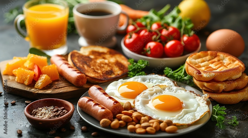 An array of breakfast options such as eggs, sausages, toast, beans, tomatoes, and coffee An array of breakfast options such as eggs, sausages, toast, beans, tomatoes, and coffee