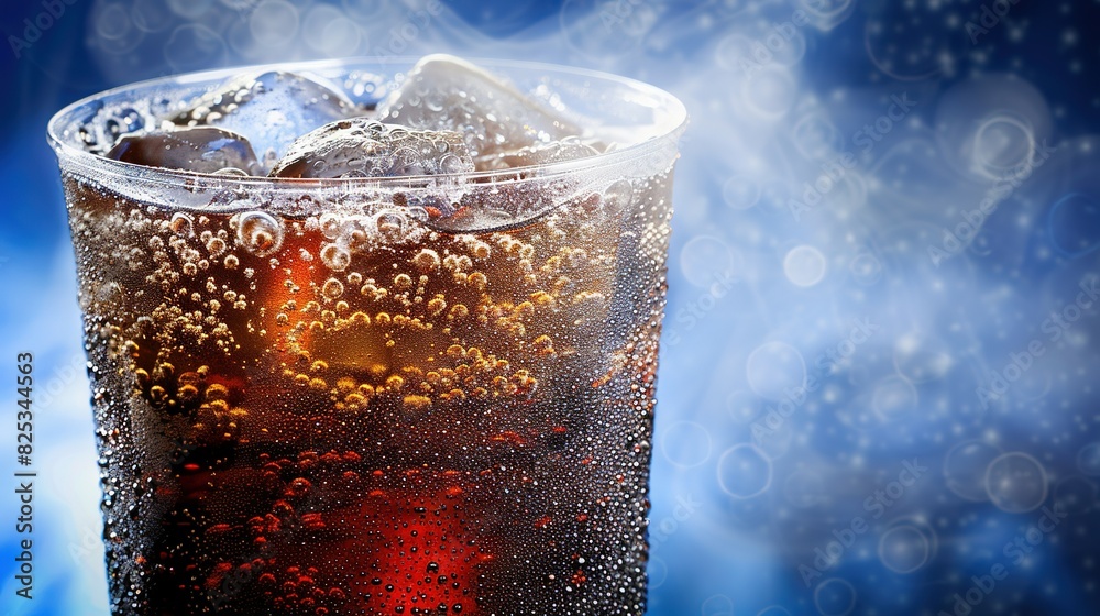 Close-up of drink in plastic cup with ice cubes on blue-white background, showing bubbles Close-up of drink in plastic cup with ice cubes on blue-white background, showing bubbles