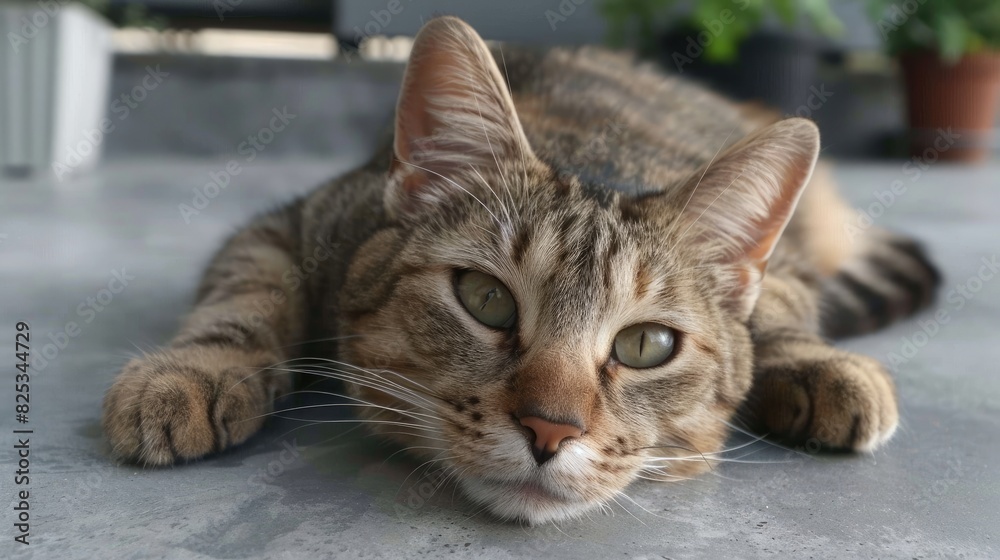 Fototapeta premium Relaxed Tabby Cat on Concrete Surface, Surrounded by Nature