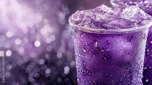   A close-up image of a vibrant purple drink served in a chilled glass  with icy ice cubes perched on the edge