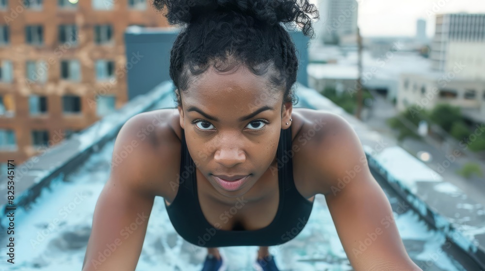 urban fitness inspiration african american womans rooftop workout healthy lifestyle photo