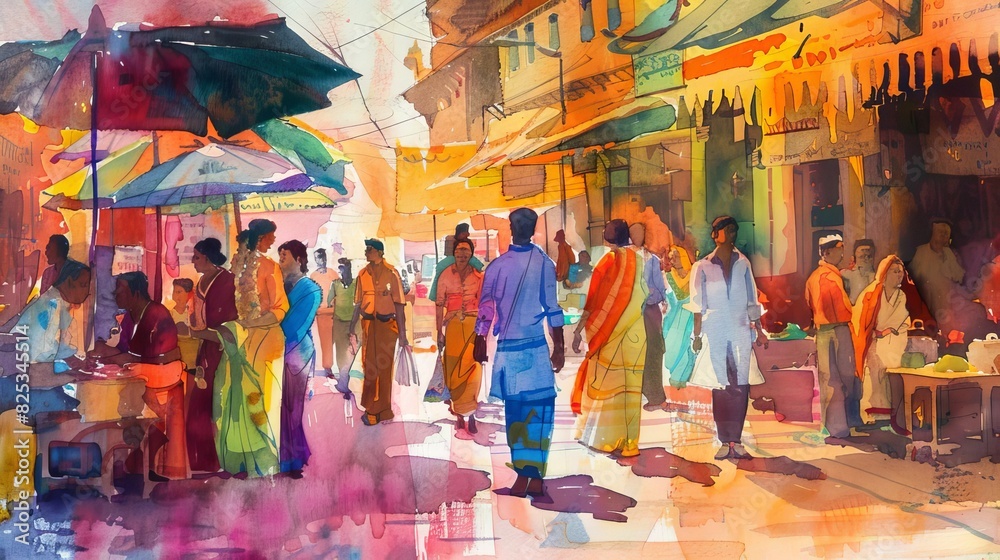 vibrant indian market scene colorful watercolor painting cultural art illustration