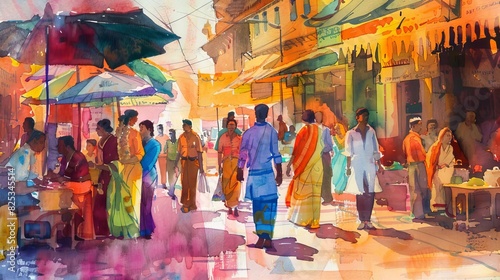 vibrant indian market scene colorful watercolor painting cultural art illustration