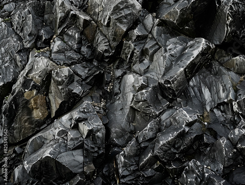 Close-up of jagged, black rocks with a rough, textured surface