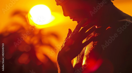 A man is standing in front of a sunset, with his hands clasped together