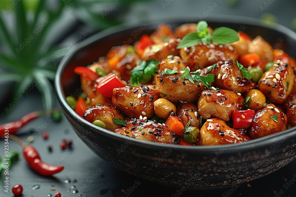 A bowl of food with a variety of ingredients including chicken, carrots A bowl of food with a variety of ingredients including chicken, carrots