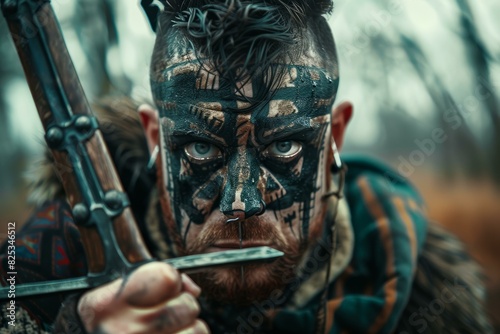 Closeup of a menacing warrior with tribal face paint and holding ancient weapons photo