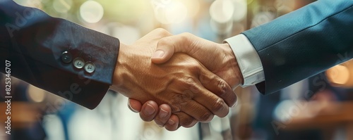 Closeup of a handshake, compensation agreement, detailed hands, professional setting, high resolution, business deal, stock photography photo