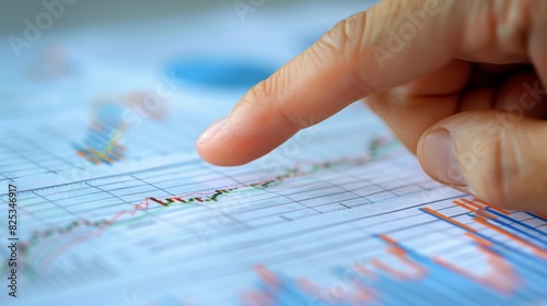 Closeup of a hand pointing to a chart, detailed fingers and graph lines, office setting, high resolution, business explanation, stock photography