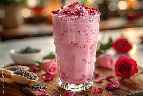 A pink drink with rose petals in it is on a wooden table