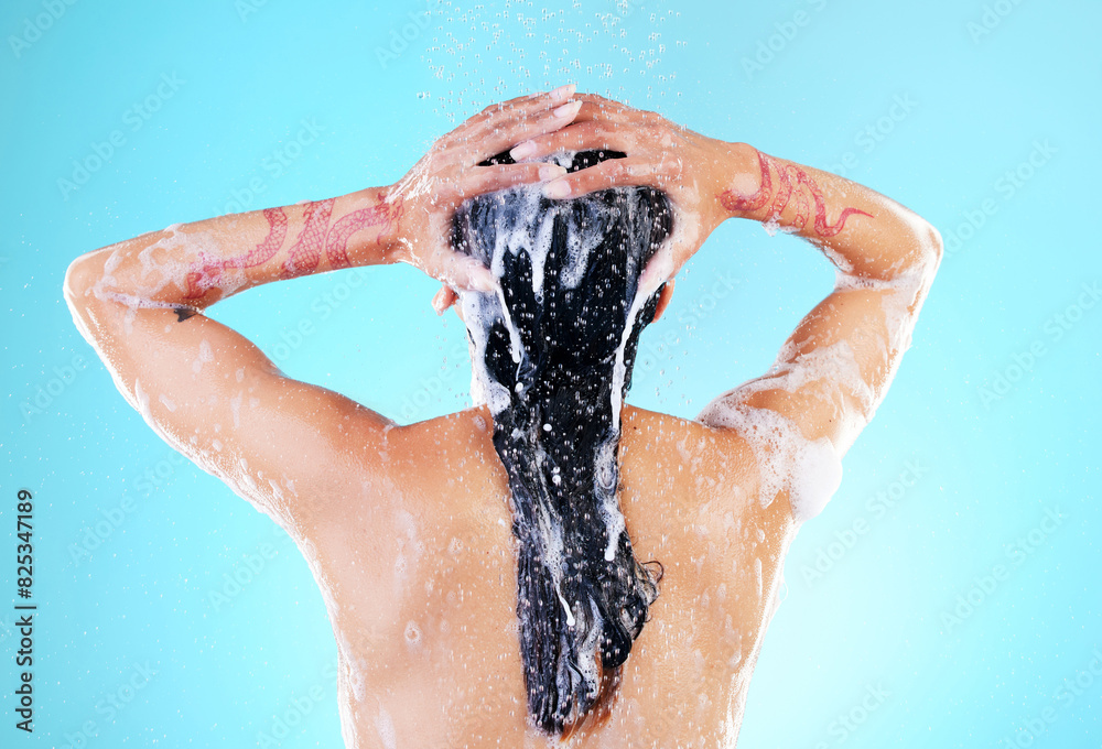 Back, woman and hair care in shower with shampoo for cleaning benefits on studio background. Girl, cleansing and water splash foam from luxury conditioner, soap and washing hairstyle with cosmetics Back, woman and hair care in shower with shampoo for cleaning benefits on studio background. Girl, cleansing and water splash foam from luxury conditioner, soap and washing hairstyle with cosmetics