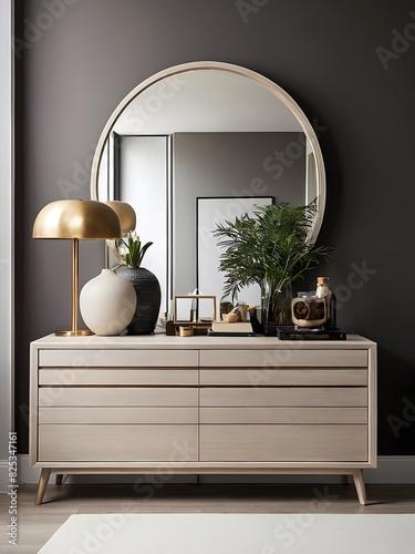 A modern bedroom with beautiful dresser, interior design,  photo