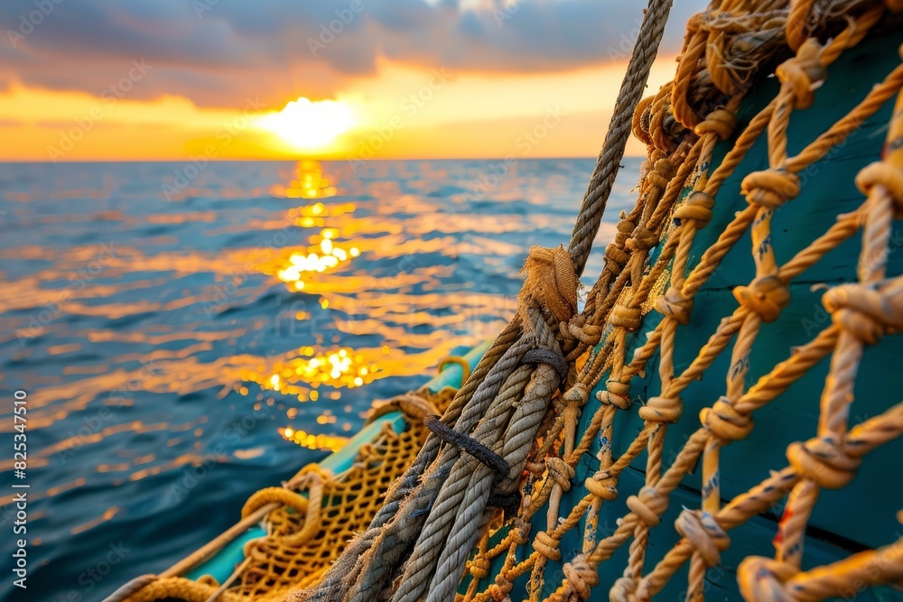 Obraz premium Closeup of a fishing boats net, golden sunset reflections, intricate patterns, calm sea backdrop, high resolution, maritime life, stock photography