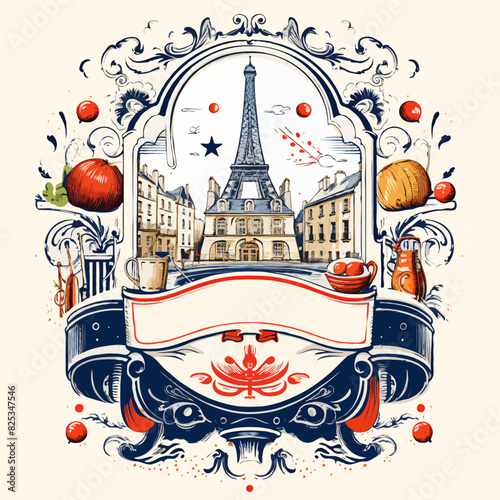 The Eiffel Tower stands in the background of the urban Parisian architecture of houses. Stylish retro vignette or label.